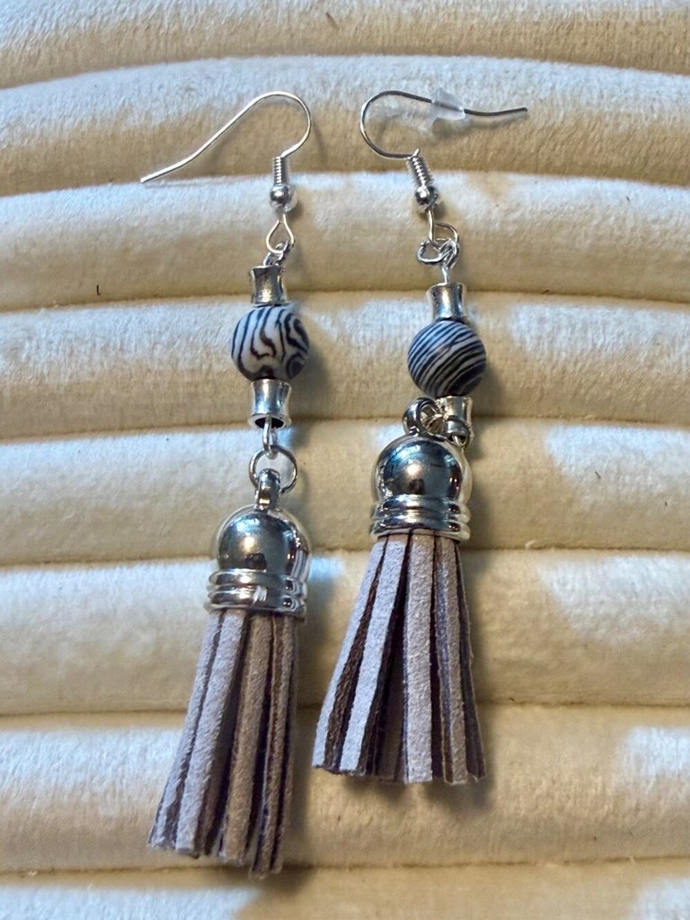New Gray Taupe Tassel Earrings with Zebra-Pattern Beads